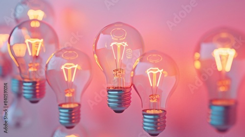 Row of lit light bulbs on pink background