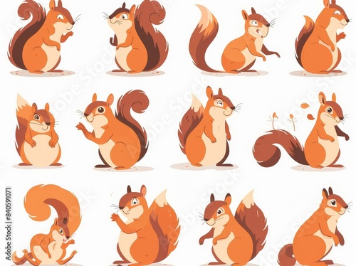Animal in action poses wildlife squirrel modern cartoon character. Funny character squirrel in various poses.