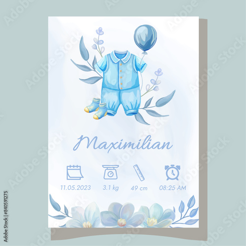 Cute watercolor baby birth details template Nursey decor New born gift It's a boy