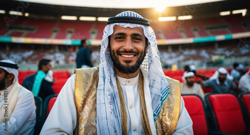 Smiling Arab football fan supporting Saudi Arabia national team in football championship. Man wearing traditional Saudi outfit at sports stadium photo