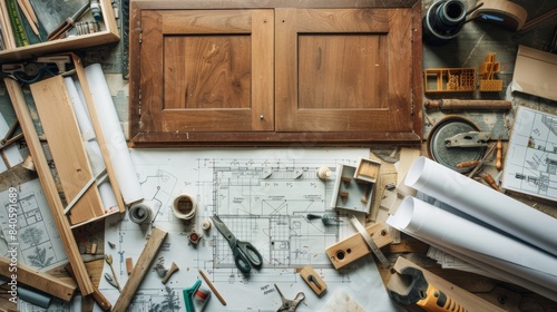 DIY supplies scattered on a floor with blueprints for building a cupboard