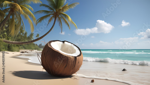 Coconut and palm in beach scene, summer card 