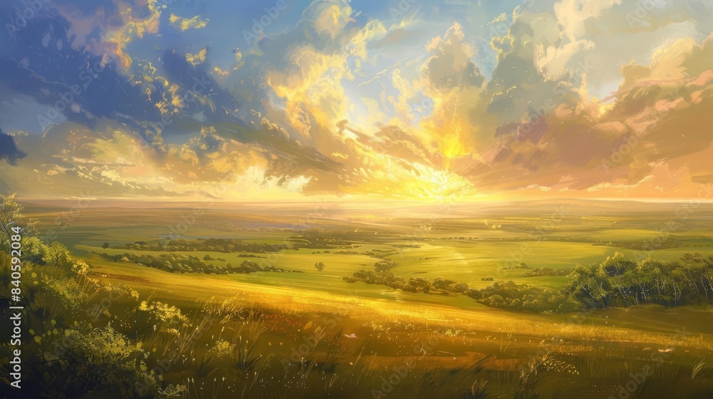 Obraz premium serene prairie afternoon breathtaking aerial vista with fantastical touch perfect nature wallpaper for digital devices digital painting