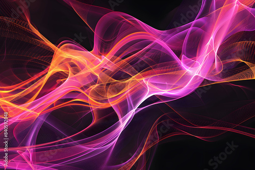 Vibrant neon abstract art with pink and orange electric waves. Mesmerizing black background.
