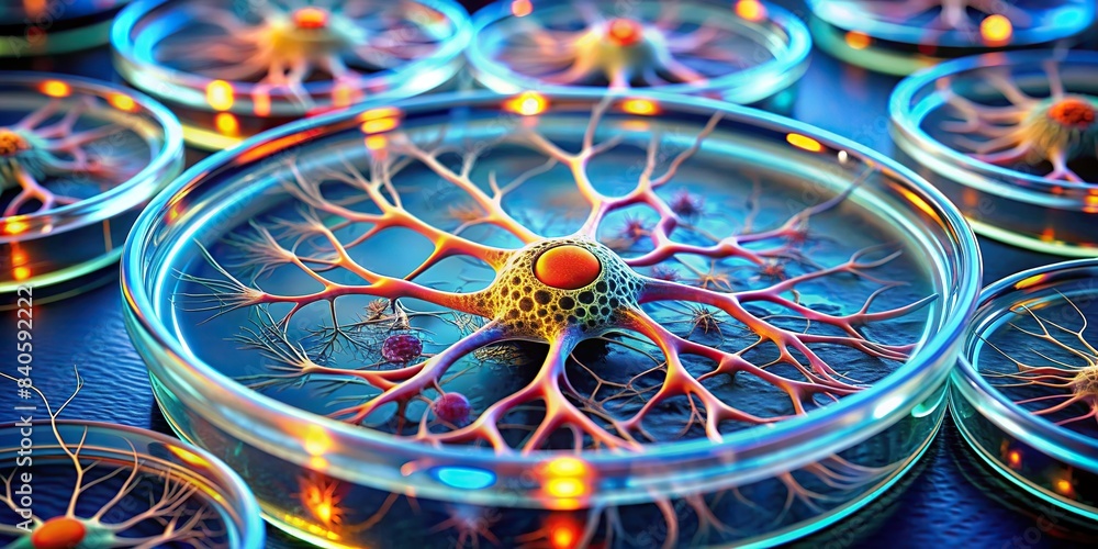 Scientific close-up of neural stem cells in culture dish, showing ...