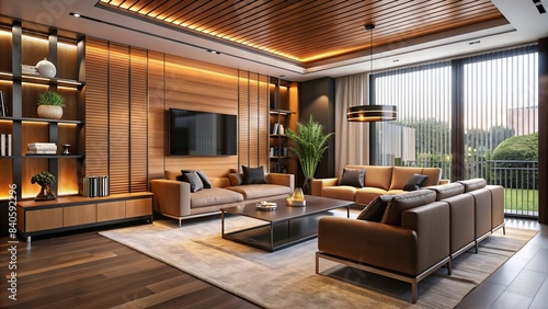 Modern living room with sleek black lines contrasted against warm brown tones  interior design  minimalist  contemporary  elegant  furniture  decor  home  apartment  stylish  fashionable