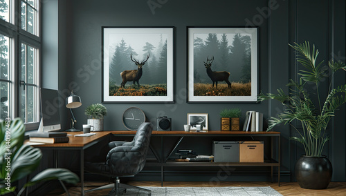 Modern study room interior design with painting, table, chairs and plants. Created with Ai