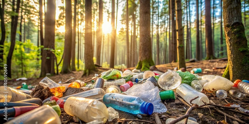 A stock photo showing plastic waste in a forest environment , pollution ...