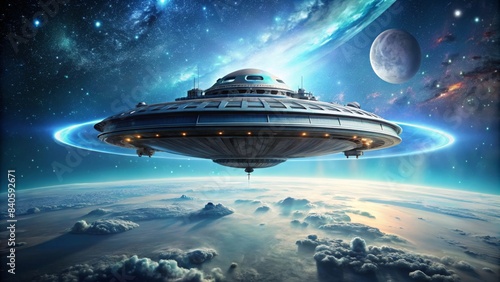 Futuristic alien spaceship floating in space , extraterrestrial, sci-fi, spacecraft, intergalactic