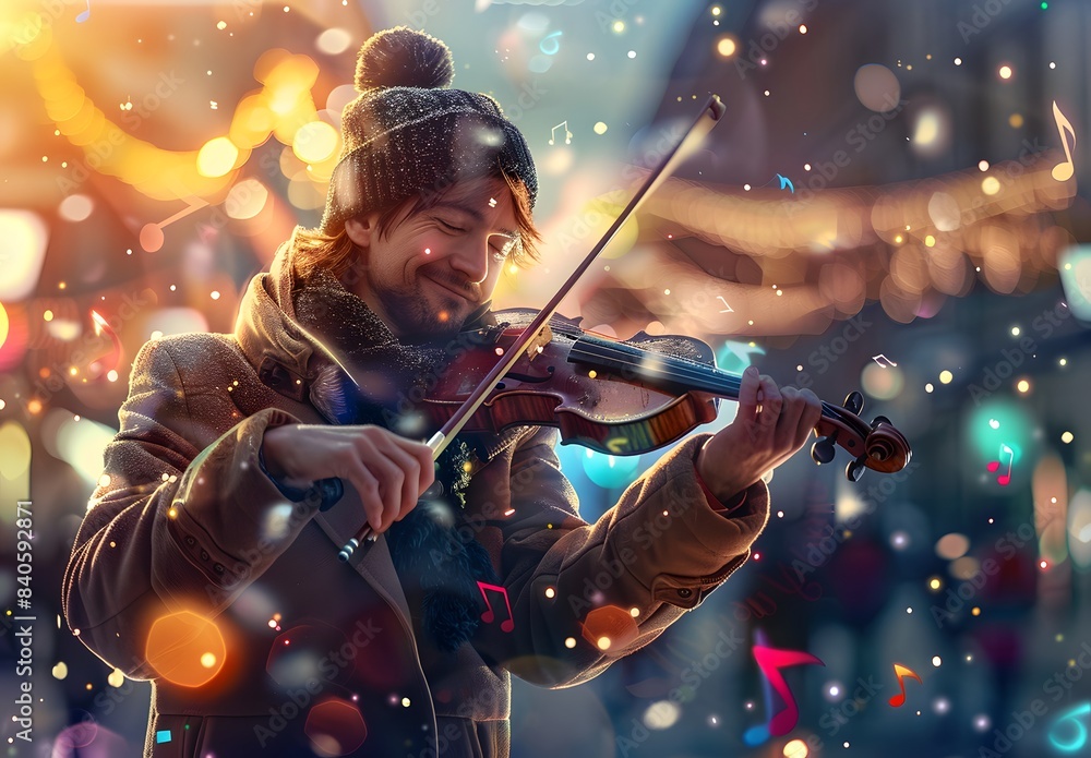 Fototapeta premium Violinist playing in the street, surrounded by musical notes and colorful lights. The man is wearing warm winter with his hair tied back. He has an expression of joy