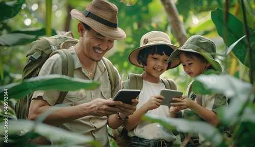 Fototapeta Naklejka Na Ścianę i Meble -  Family of three, a father and two children, were in a jungle using an iPad to take photos together, smiling happily. The background was lush greenery, creating a warm atmosphere