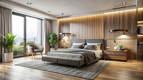 Modern bedroom with sleek furniture and minimalistic decor, interior design, contemporary, stylish, room, bed, comfort, relaxation, cozy, clean, white, modern, architecture, home, decor © surapong