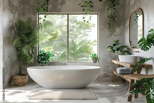 Bathtub in bathroom with window and plants