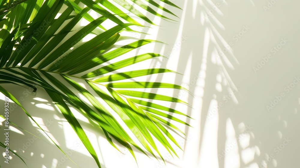 Fototapeta premium Minimalist palm leaf green vibrant sunlight crisp white background close up vibrant fusion summer theme