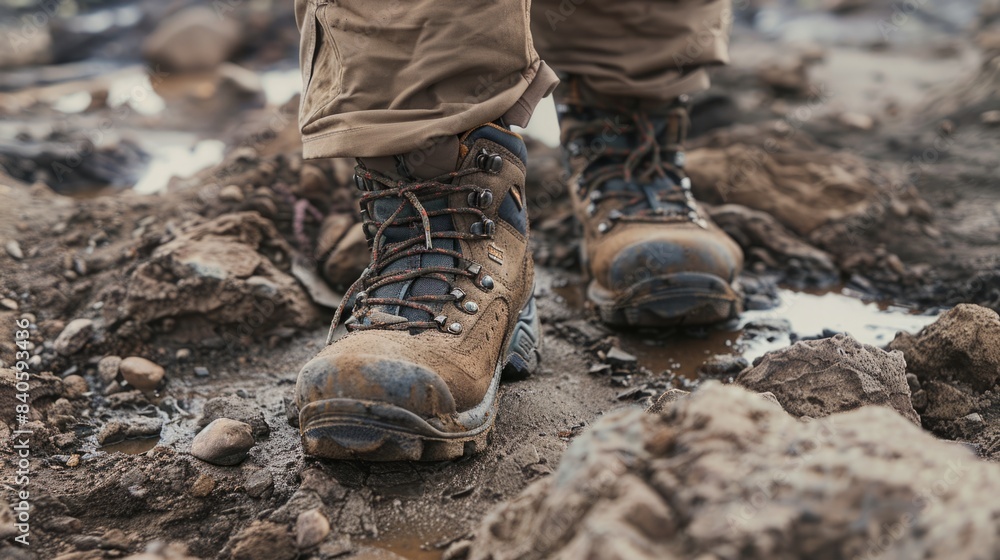 closeup of backpacker boots on rocky terrain generative ai closeup of backpacker boots on rocky terrain generative ai