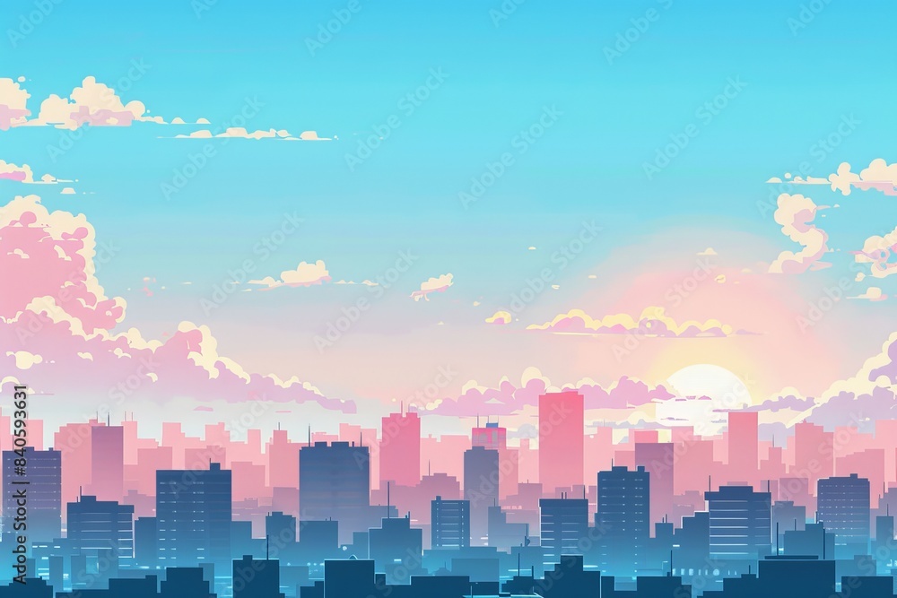Fototapeta premium Panoramic anime city skyline flat design, top view, minimalist theme, cartoon drawing, colored pastel