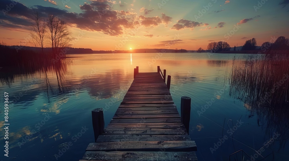 Obraz premium serene sunset reflecting on tranquil lake peaceful nature landscape