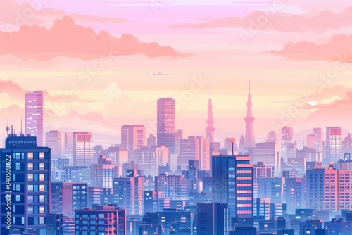 Panoramic anime city skyline flat design, top view, minimalist theme, cartoon drawing, colored pastel © JP STUDIO LAB