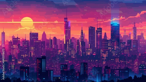 Panoramic city skyline flat design  top view  anime theme  animation  vivid