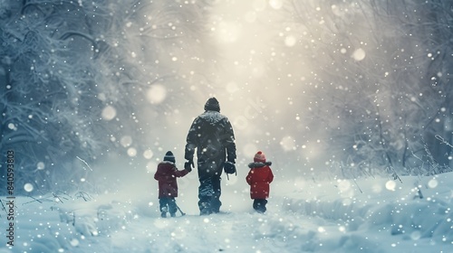 Father and Children Create Memories in a Winter Snowstorm Landscape © SopranoPorchz