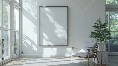 Sunlit minimalist modern interior with a rectangular frame mockup  large windows casting natural light  white and grey decor  and wood flooring  wide-angle corner shot