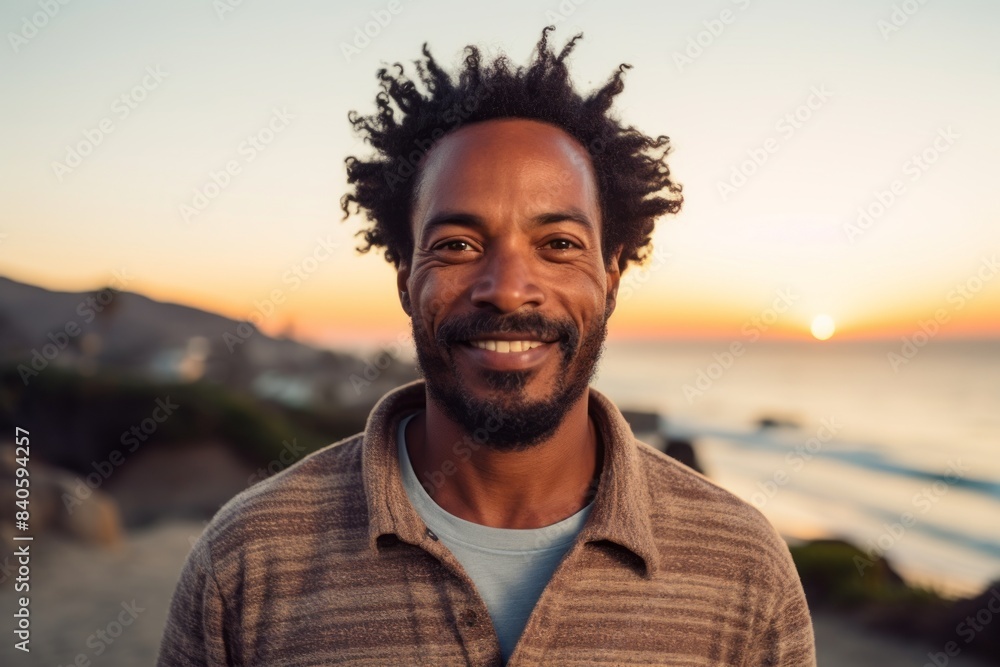 Portrait of a content afro-american man in his 40s showing off a thermal merino wool top in front of stunning sunset beach background Portrait of a content afro-american man in his 40s showing off a thermal merino wool top in front of stunning sunset beach background