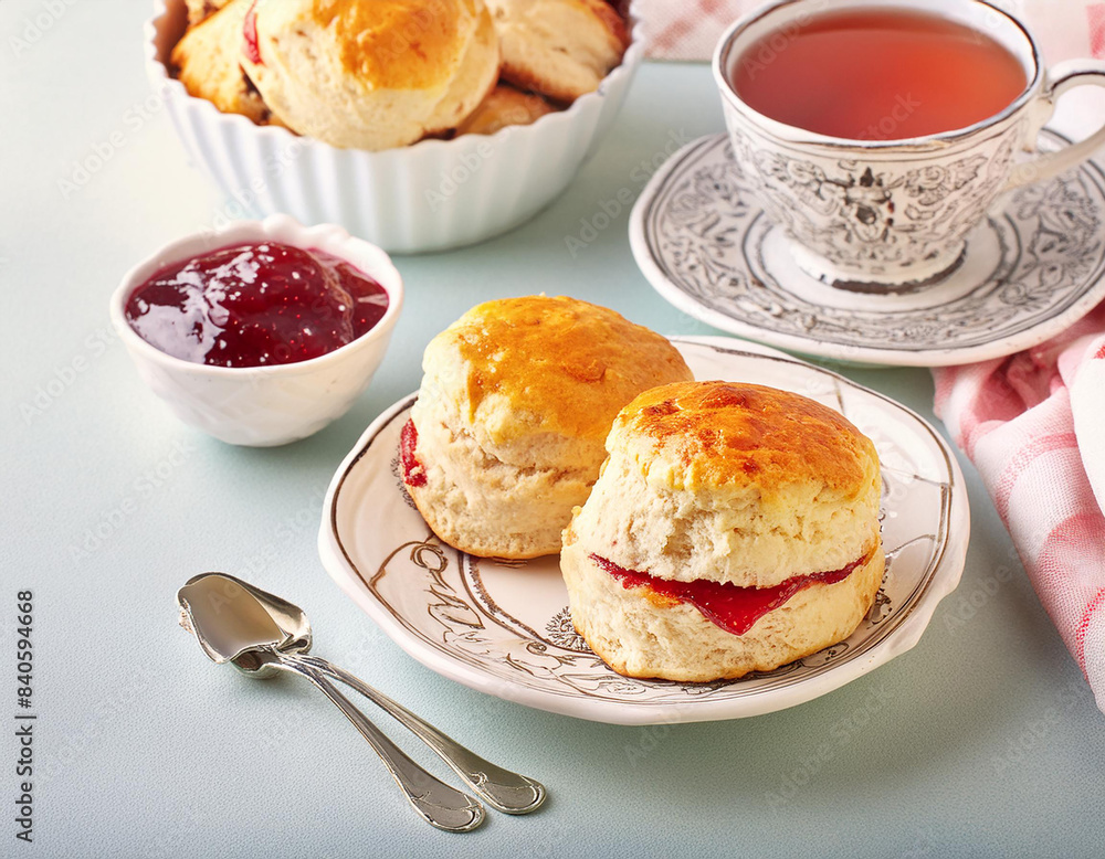 Scones with jam and tea with milk on the table Scones with jam and tea with milk on the table