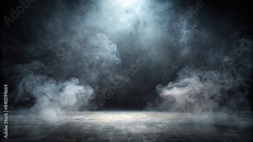 Mystical mist with dark gray background and light on floor, showing smoke in a dark room banner for product display, fog