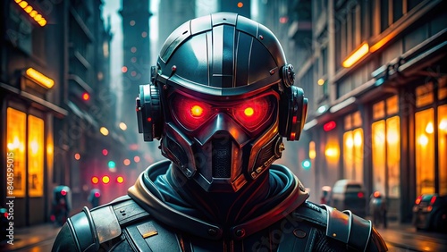 Science fiction helmet with glowing red eyes in a dark urban setting , futuristic, technology, cyborg, illuminated, robot, neon, helmet, sci-fi, urban, dark, glowing, red, eyes