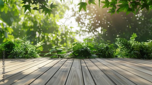 serene wooden deck with lush green foliage and soft natural light 3d illustration