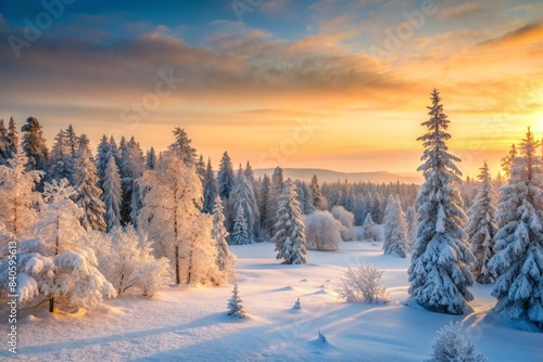 Snow-covered forest at dawn with trees dusted in white  creating a serene winter landscape  snow  winter  forest  trees  snowflakes