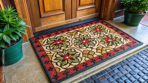 A foot mat with a unique design installed at the entrance of a house, foot mat, entrance, welcome, home, decor, flooring, clean, hygiene, prevention, dirt, mud, shoe, wipe, scraper, rubber