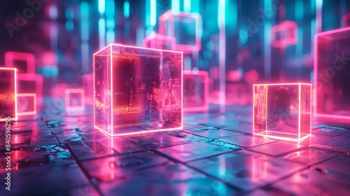 A neon pink cube is surrounded by other neon pink cubes