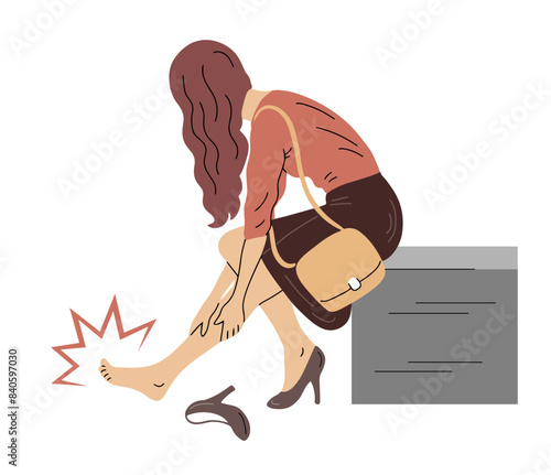Woman with foot pain due to heels. Female leg with a sore callus. Transverse flat feet. Orthopedic disease. Foot health problems. High heels. Vector isolated illustration