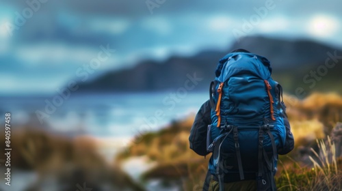 backpacker in slightly out of focus foreground, with coastal landscape in focus generative ai