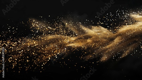 shimmering gold glitter powder splash on dramatic black background abstract illustration