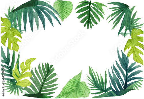 watercolor tropical forest background  jungle background with border made of tropical leaves with empty space in center  copy space.