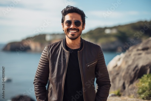 Portrait of a happy indian man in his 30s wearing a trendy bomber jacket while standing against rocky shoreline background