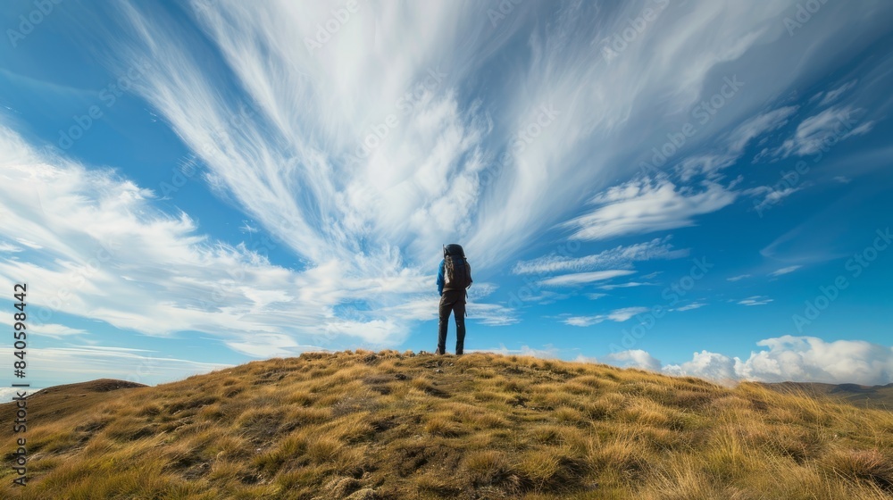 backpacker standing on the hill, with the wide sky above him generative ai backpacker standing on the hill, with the wide sky above him generative ai