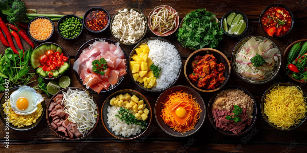 Fototapeta premium Assorted fresh ingredients arranged in bowls on a dark wooden table, showcasing a colorful variety of vegetables, meats, grains, and eggs, perfect for culinary inspiration and food preparation..
