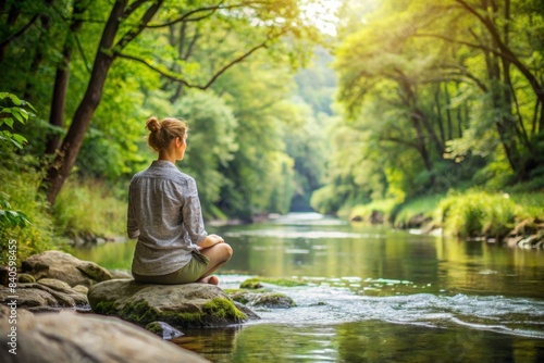Person sitting by peaceful river immersed in nature practicing mindfulness and slow living concept, nature