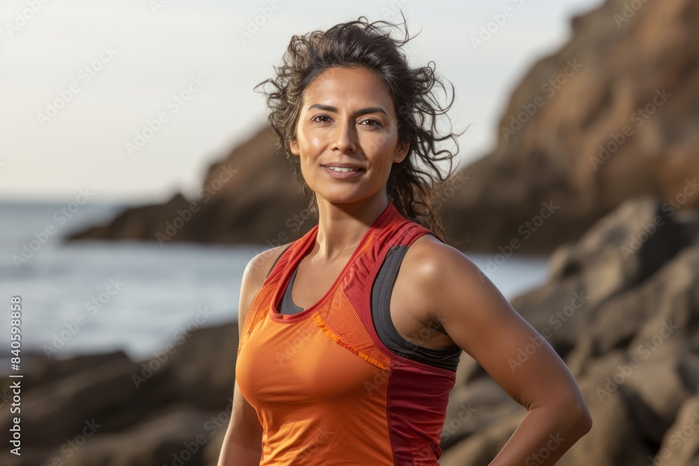 Portrait of a content indian woman in her 40s wearing a lightweight running vest isolated on rocky shoreline background Portrait of a content indian woman in her 40s wearing a lightweight running vest isolated on rocky shoreline background