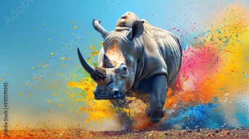 A majestic rhinoceros charging through colorful splashes of paint on a vibrant background  symbolizing strength and creativity.