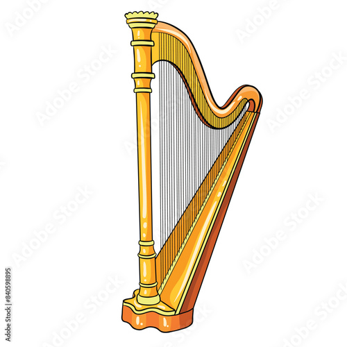 Harp with a curved neck, wide soundboard and many strings
