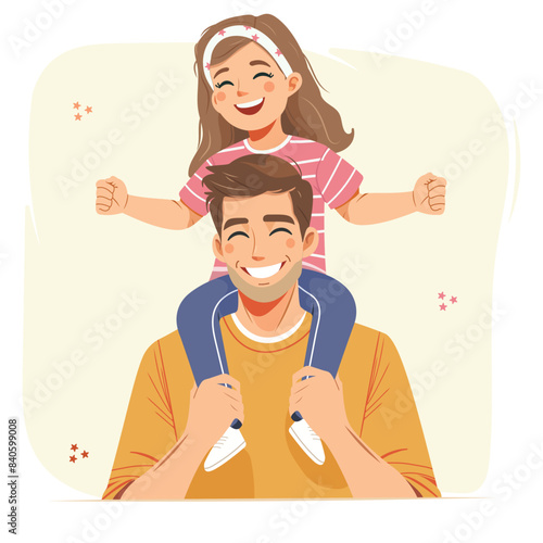 Happy father-s day. The daughter is sitting on the father's shoulders in flat style. Vector illustration