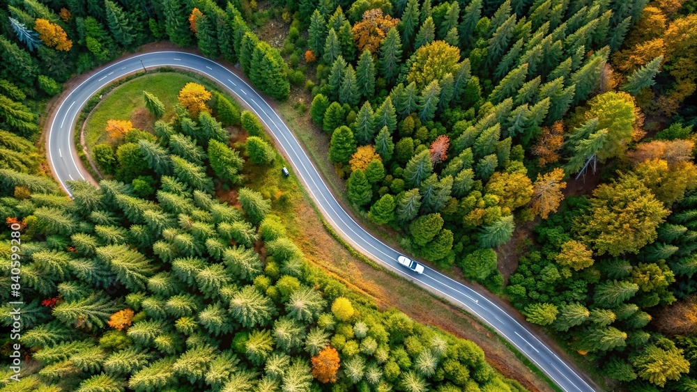 Aerial view of a vehicle driving down a winding forest road in the countryside, wild, forest, road, journey, aerial, photography, vehicle, driving, countryside, nature, landscape