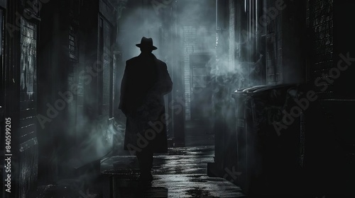 silhouette of mysterious man walking in dark foggy urban alley at night eerie atmosphere in noir style concept illustration