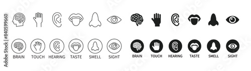 Human five senses and brain icon set (sight, hearing, taste, touch, smell) © SUE