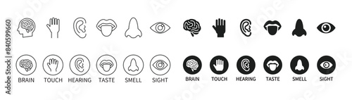 Human five senses and brain icon set (sight, hearing, taste, touch, smell)