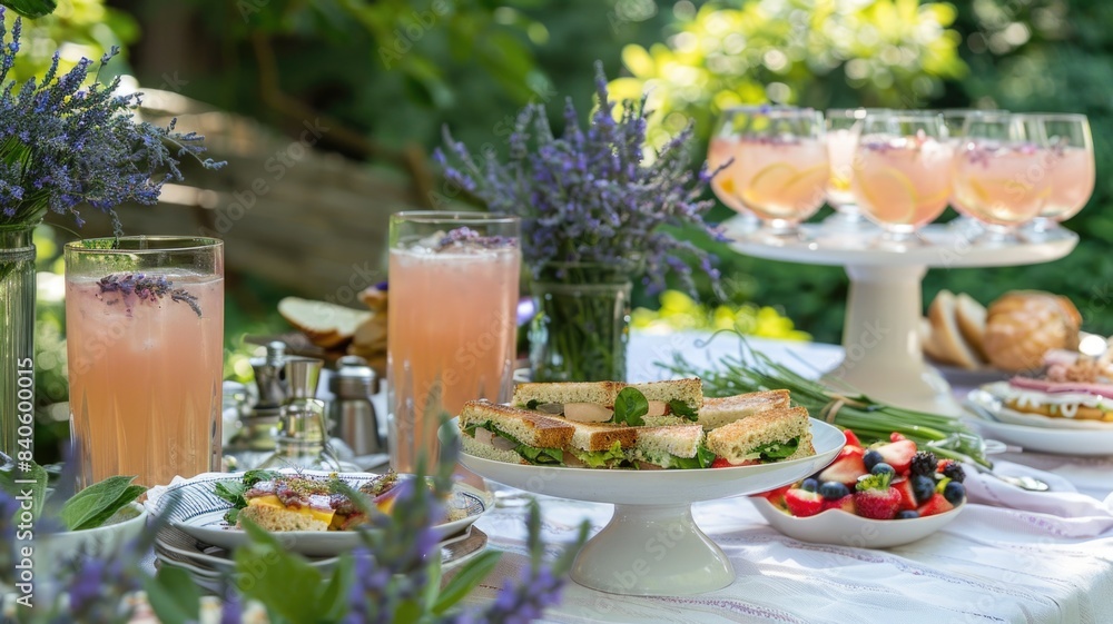 elegant garden party setting with lavender lemonade mocktails and an assortment of delicate finger sandwiches elegant garden party setting with lavender lemonade mocktails and an assortment of delicate finger sandwiches